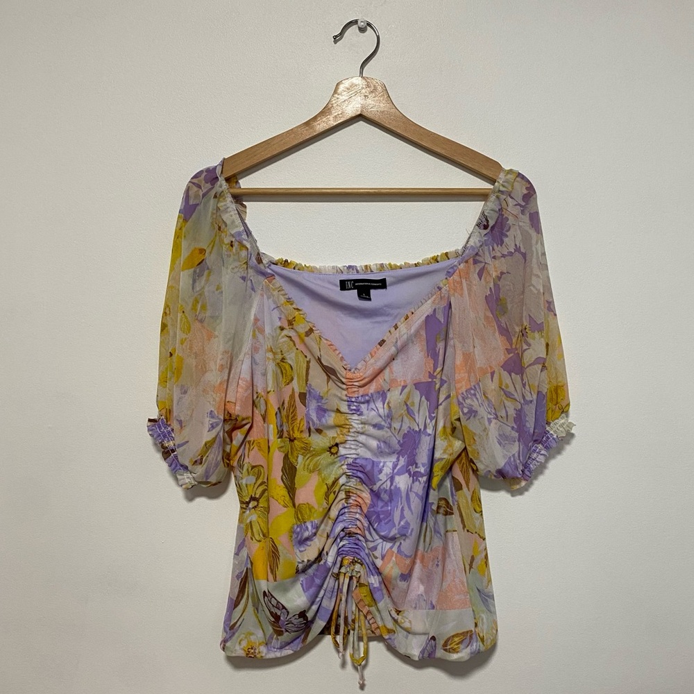 INC Pastel Floral Ethereal Fairycore Coquette Ruched Blouse Puff Sleeves Top